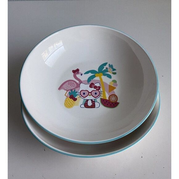 Set Of 2 Sanrio Hello Kitty Beach Summer Tropical Ceramic Pasta Dinner Bowls NEW - Picture 5 of 10